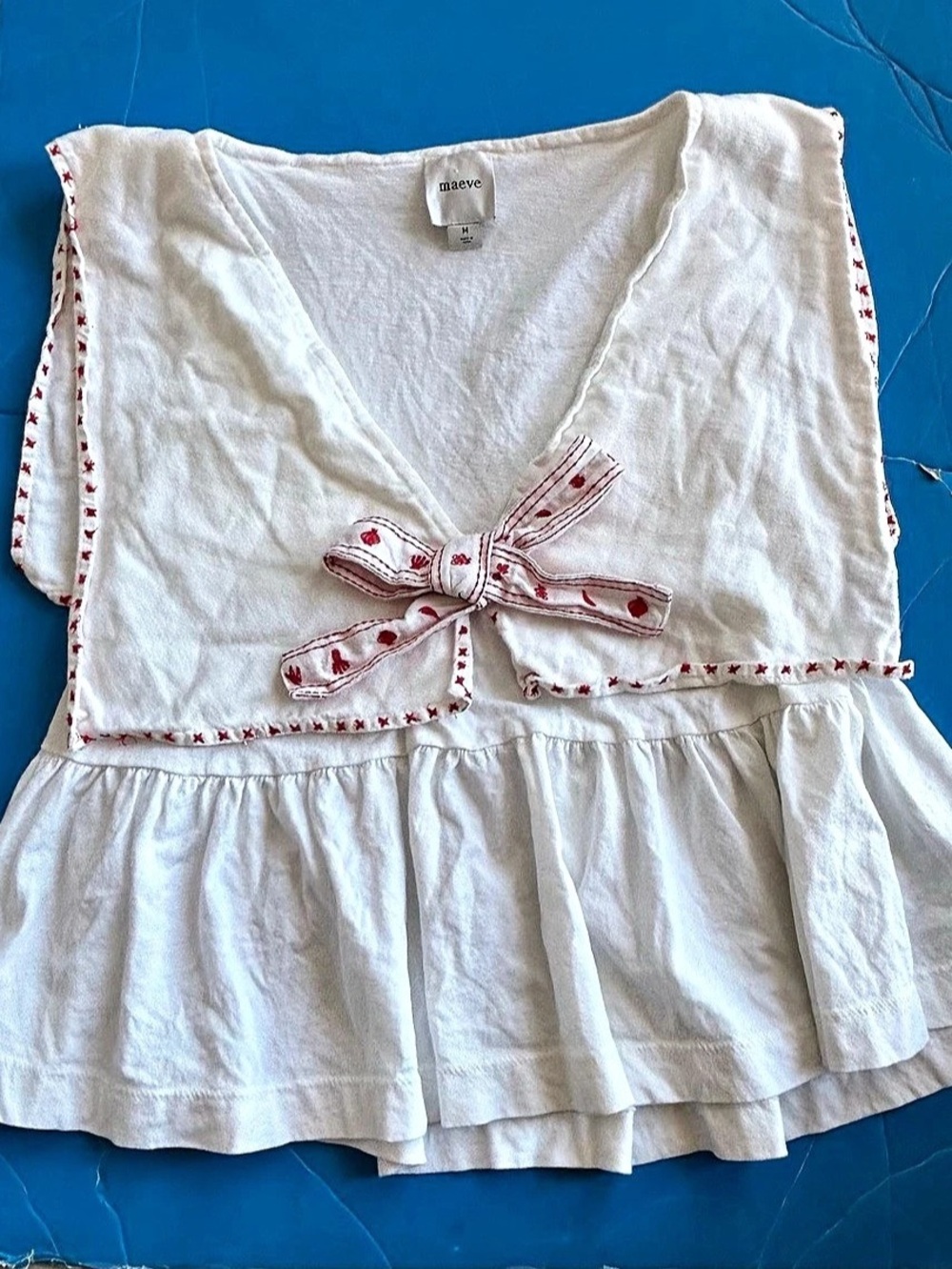 maeve Oversized Collar Bow Blouse White & Red Size Medium